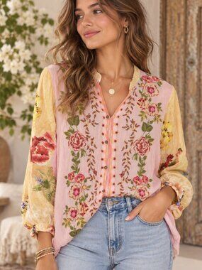All About Her Pink Floral Embroidered Mixed Print Tunic Blouse S Boho